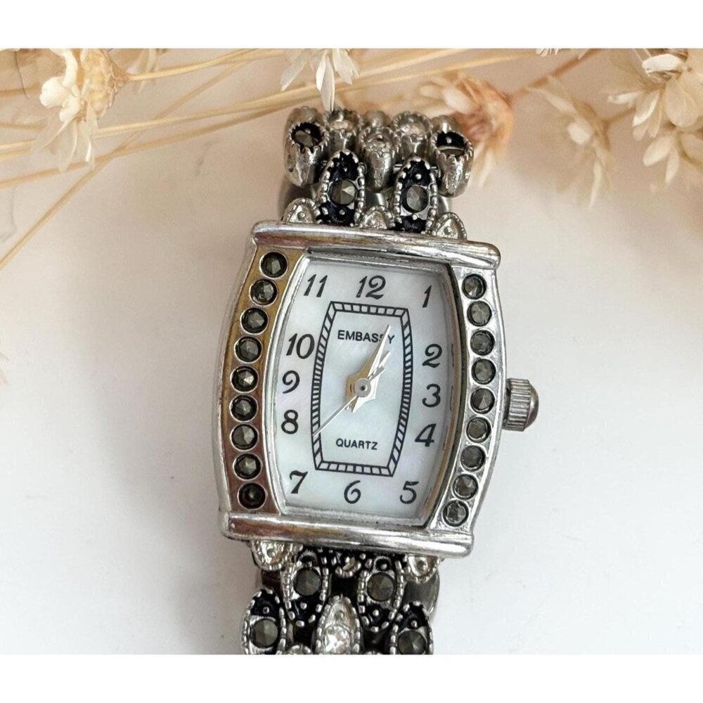 Embassy GEM9049L Marcasite Silver T Quartz Vintage Wristwatch - 14mm - WORKS!
